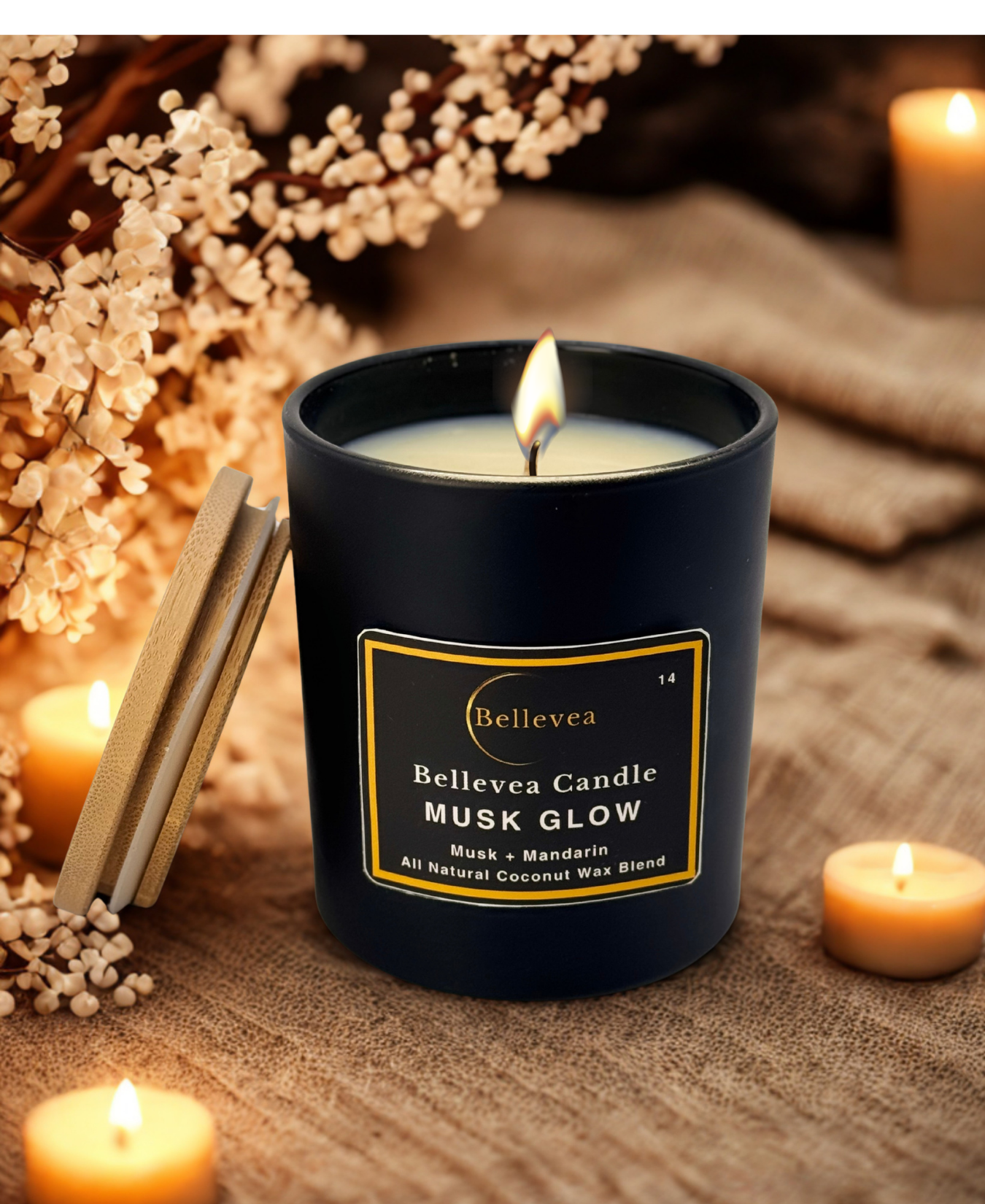 11 oz Bellevea Musk Candle, the scents of musk, orange, sandalwood, and vanilla