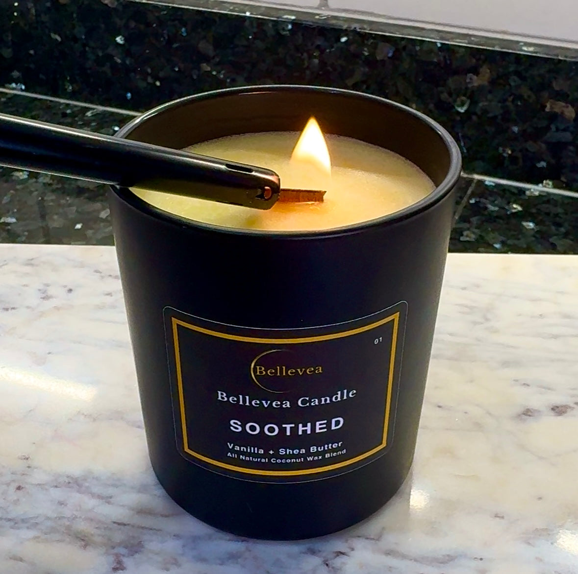 11oz Bellevea Soothed Candle, the scents of vanilla and shea butter