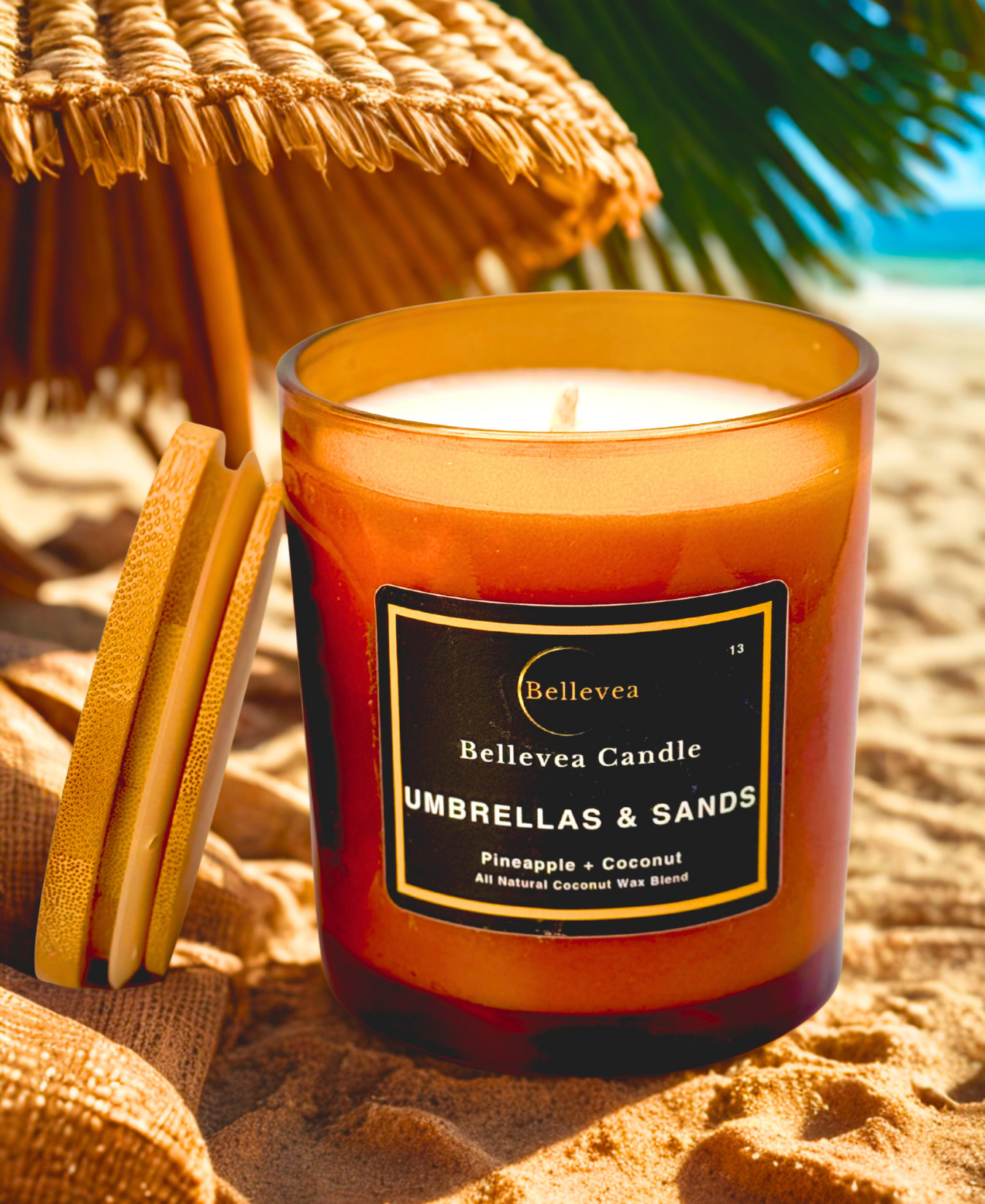 11 oz Bellevea Umbrella and Sands, the scents of pineapple and coconut.