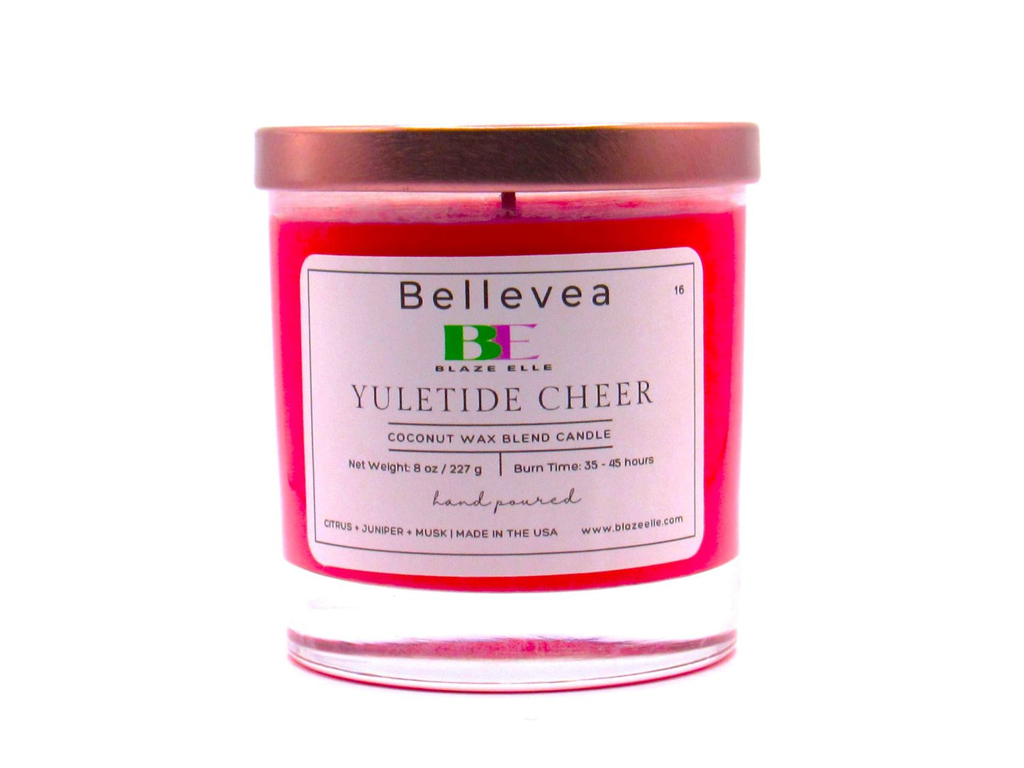 8oz Bellevea Yuletide Cheer Candle, the scents of citrus, cinnamon, amber, clove, nutmeg, vanilla, juniper and musk