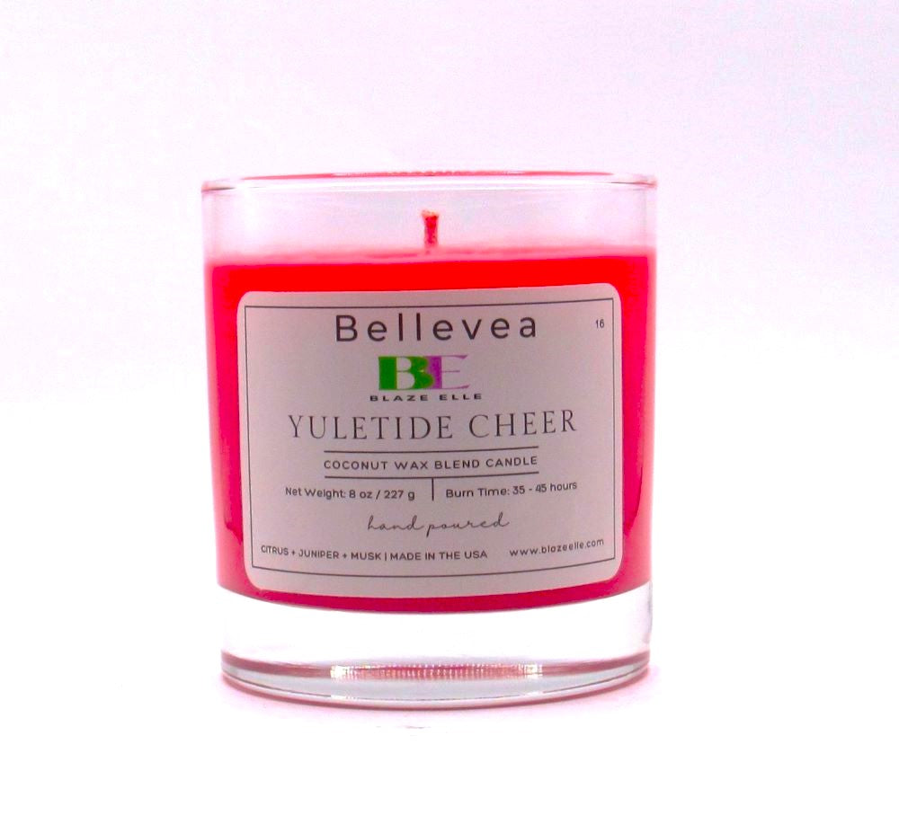 8oz Bellevea Yuletide Cheer Candle, the scents of citrus, cinnamon, amber, clove, nutmeg, vanilla, juniper and musk