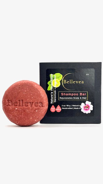 3.2 oz Bellevea Nature's VibrantGlow Shampoo Bar - For hair strengthening & volumizing shampoo for thin, coarse, dry, and damaged hair (All Hair Types) in women and men. Scents of geranium & bergamot. Free of parabens, silicones, & sulfates