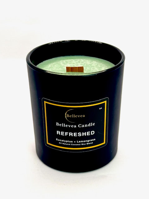 11oz Bellevea Refreshed Candle, the scents of eucalyptus, lemongrass, spearmint and spices