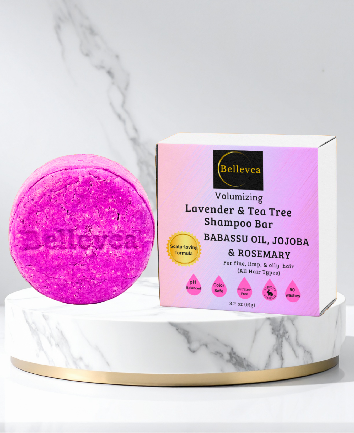 3.2 oz Bellevea Lavender & Tea Tree Shampoo Bar with Babassu Oil, Jojoba Oil & Rosemary for Healthy Scalp and Fuller-Looking Hair - Volumizing shampoo for fine, limp & oily hair (All Hair Types) in women and men. Scents of lavender & tea tree.