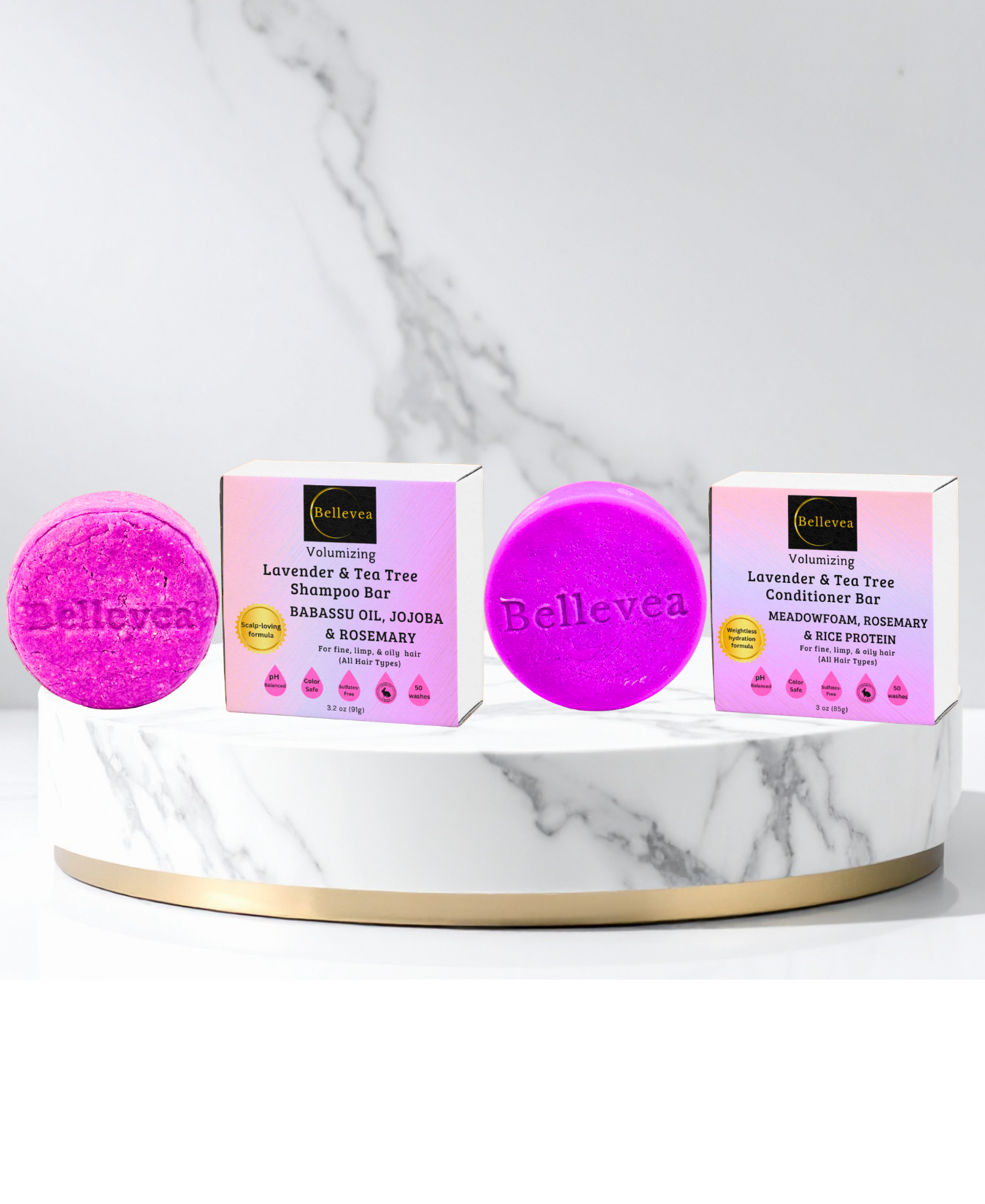 3.2 oz Bellevea Lavender & Tea Tree Shampoo & 3 oz Bellevea Lavender & Tea Tree Conditioner Bars - Volumizing shampoo & conditioner for fine, limp & oily hair (All Hair Types) in women and men. Scents of lavender & tea tree.