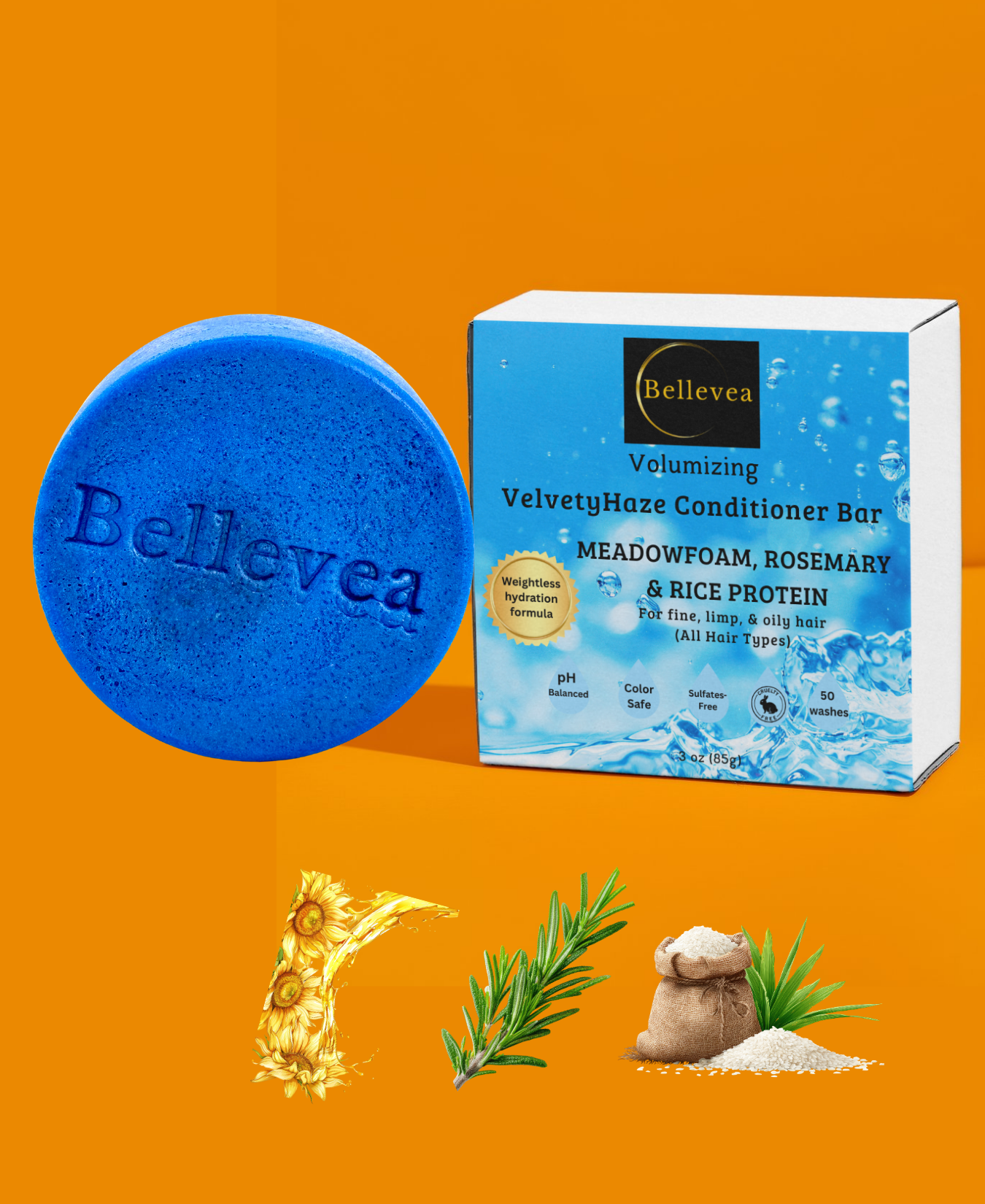 3 oz Bellevea VelvetyHaze Conditioner Bar with Meadowfoam Oil, Rosemary & Rice Protein for Fuller-Looking Hair - Volumizing conditioner for fine, limp & oily hair (All Hair Types) in women and men. Scents of blueberry & ylang ylang.