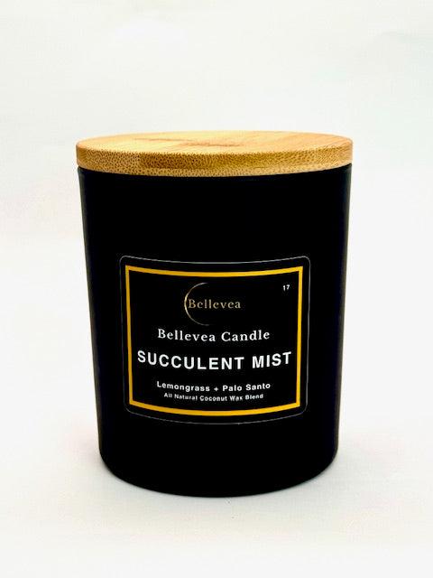 11oz Bellevea Succulent Mist Candle, the scents of lavender, lemongrass, sage, orange, patchouli and vanilla