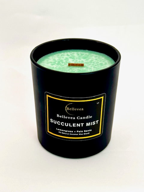 11oz Bellevea Succulent Mist Candle, the scents of lavender, lemongrass, sage, orange, patchouli and vanilla