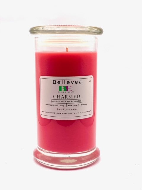 8oz Bellevea Charmed Candle, the scents of sea salt and orchid