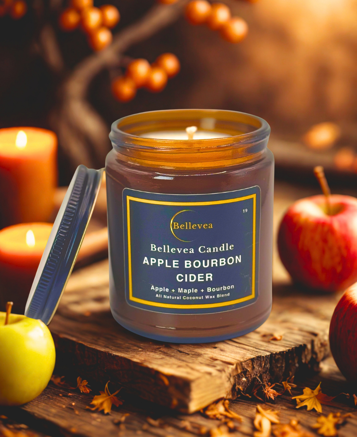 7.5 oz Bellevea Apple Bourbon Cider Candle, the scents of apple, maple, bourbon, cinnamon, pumpkin and vanilla