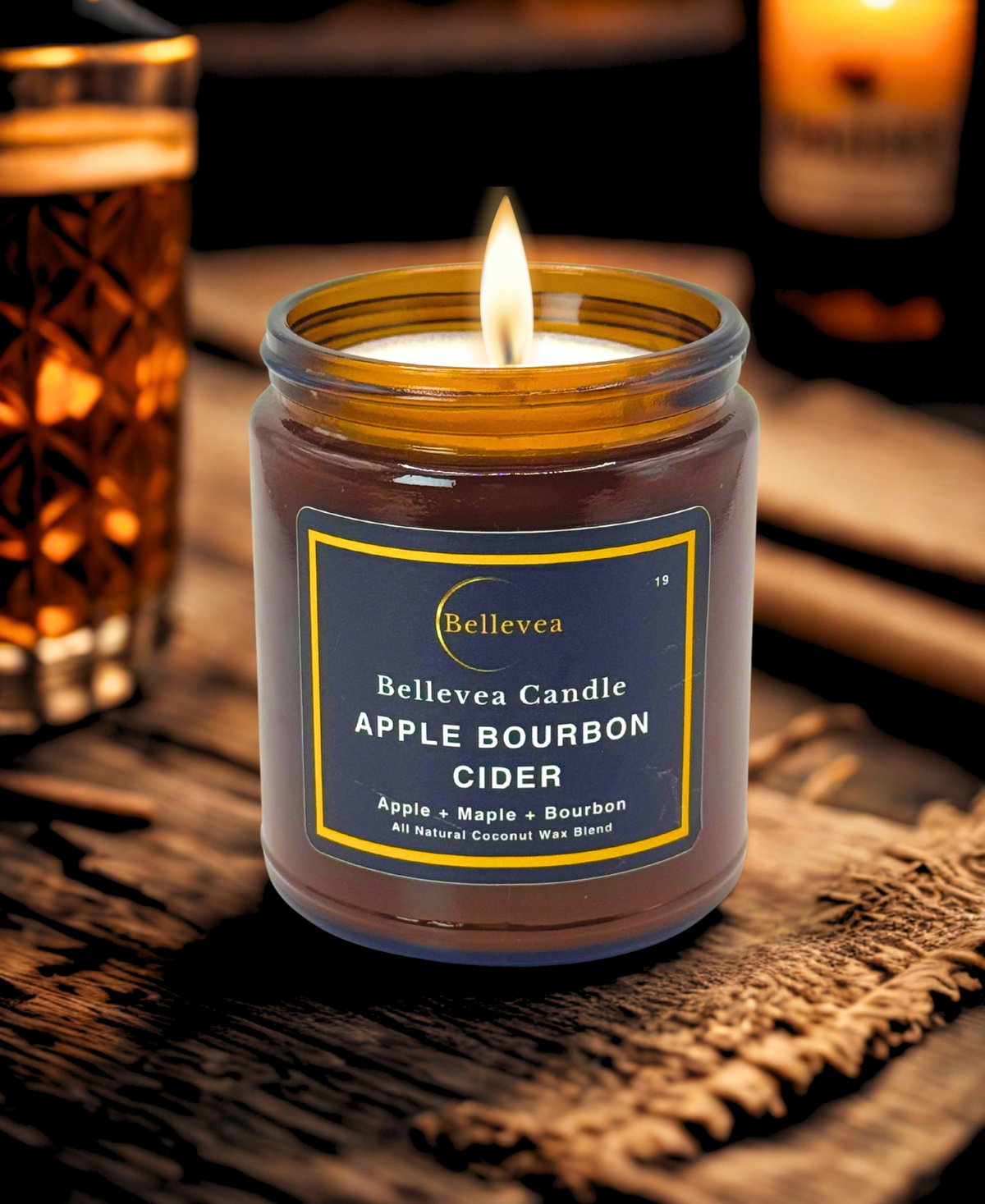 7.5 oz Bellevea Apple Bourbon Cider Candle, the scents of apple, maple, bourbon, cinnamon, pumpkin and vanilla