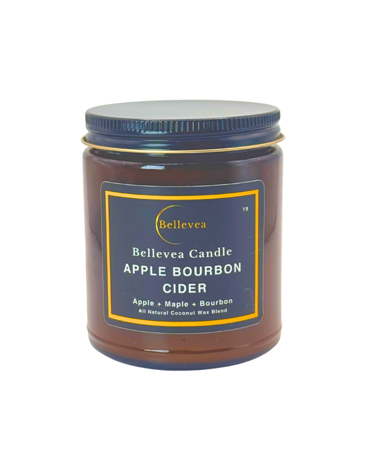 7.5 oz Bellevea Apple Bourbon Cider Candle, the scents of apple, maple, bourbon, cinnamon, pumpkin and vanilla