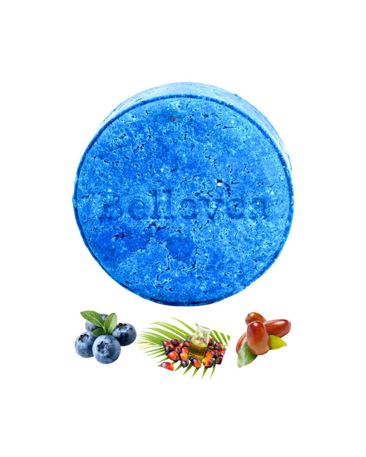3.2 oz Bellevea Blueberry Breeze Shampoo Bar, the scents of orange, tropical fruits, coconut, mango, and pineapple