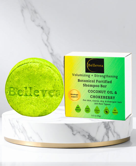 3.2 oz Bellevea Botanical Fortified Shampoo Bar with Coconut Oil & Chokeberry for Healthy Scalp, Silk Repair & Hair Growth – Volumizing & Strengthening for thin, coarse, dry, & damaged hair (All Hair Types) in women and men. Scents of lemon & peppermint.