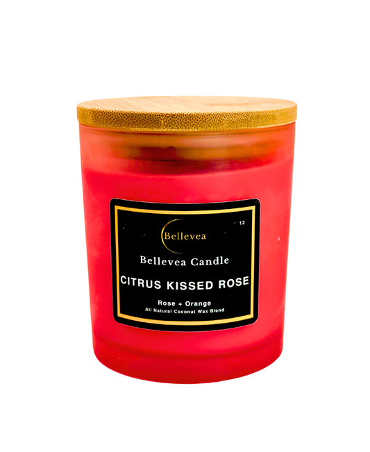 11oz Bellevea Citrus Kissed Rose Candle, the scents of rose and orange
