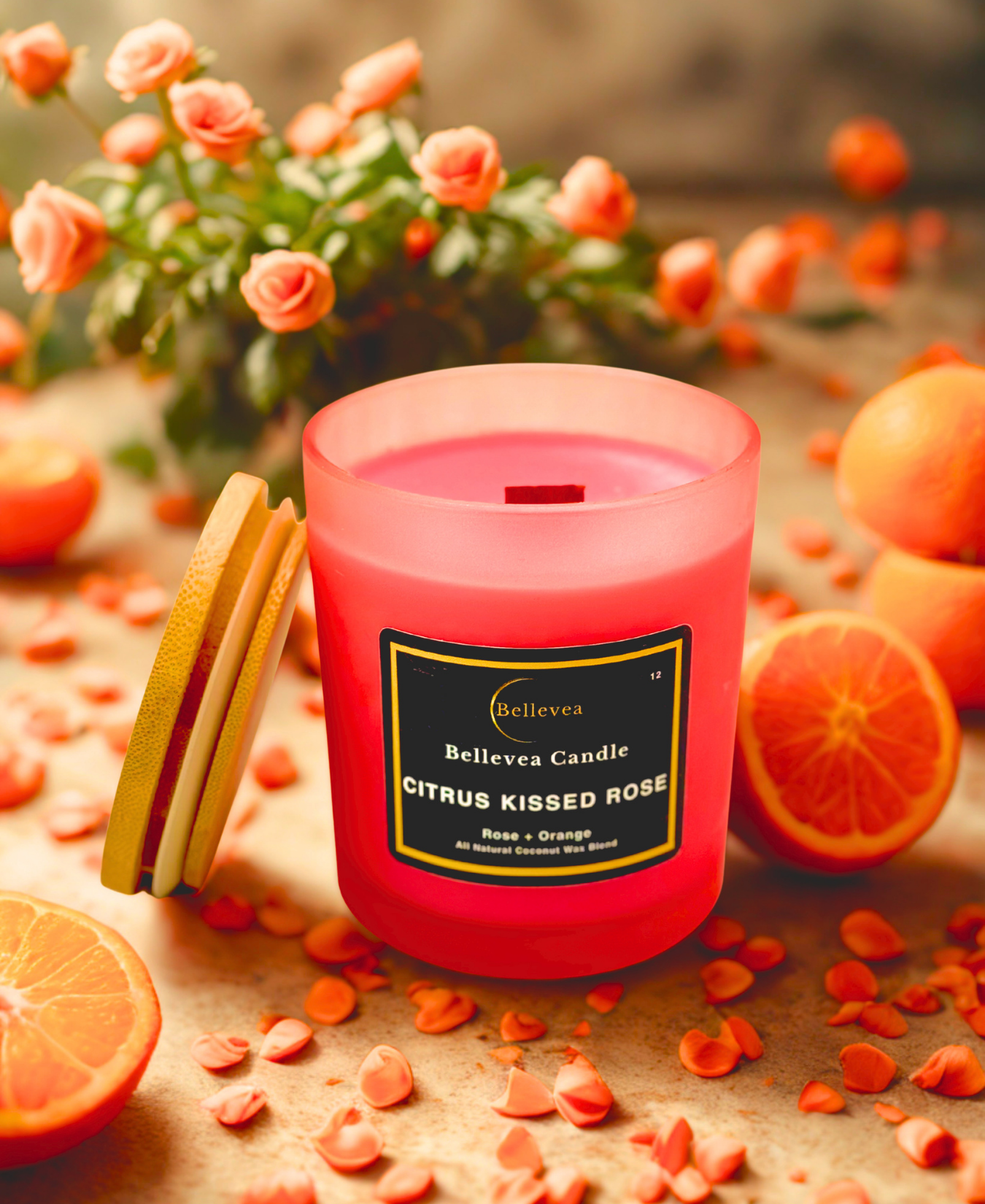 11 oz Bellevea Citrus Kissed Rose Candle, the scents of rose and orange