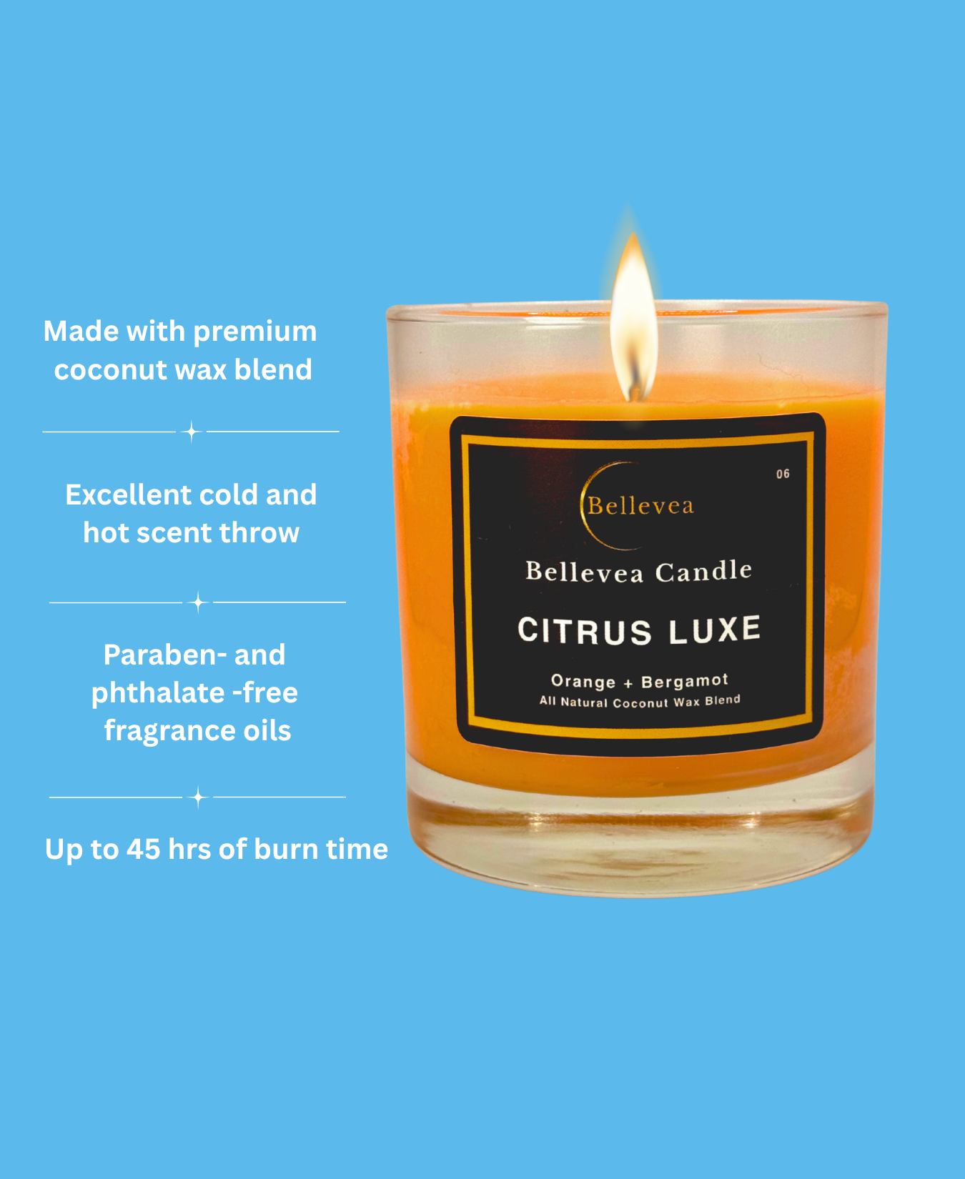 8 oz Bellevea CITRUS LUXE Candle, the scents of orange and bergamot