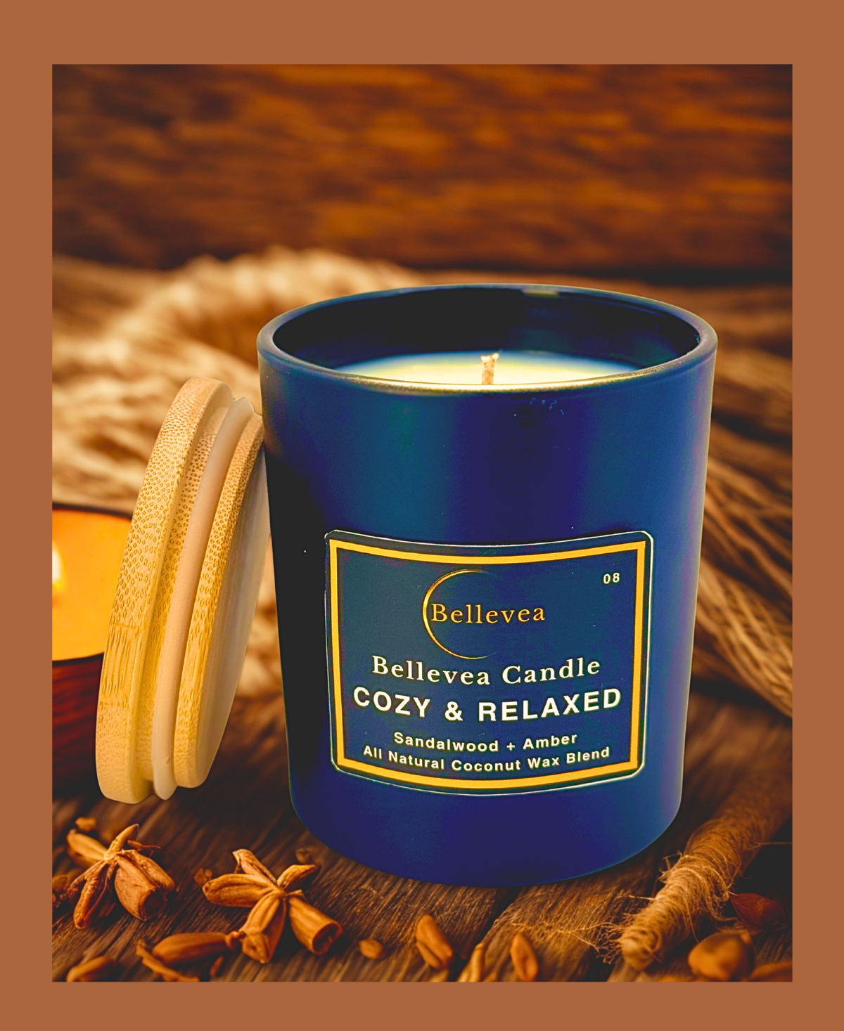 11 oz Bellevea Cozy & Relaxed Candle, the scents of amber and sandalwood