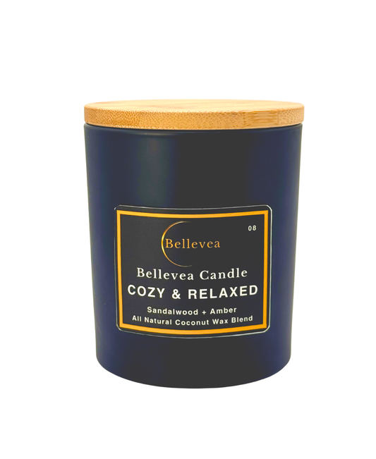 11 oz Bellevea Cozy & Relaxed Candle, the scents of amber and sandalwood