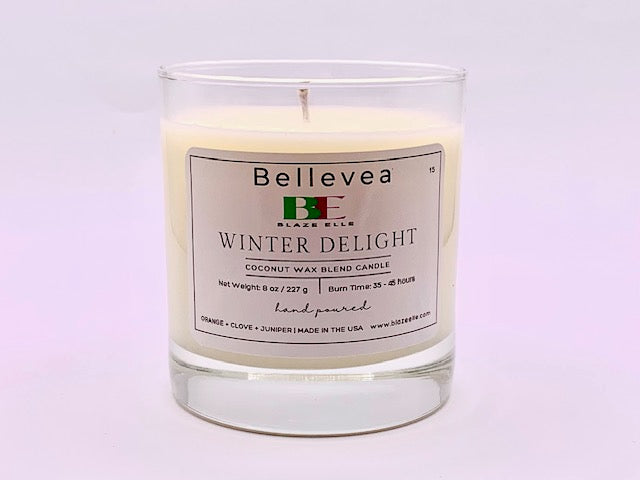 8oz Bellevea Winter Delight Candle, the scents of orange, amber, clove, nutmeg, juniper notes and musk