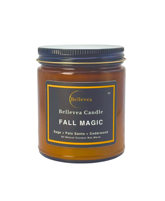 7.5 oz Bellevea Fall Magic Candle, the scents of sage, cedarwood, palo santo, cinnamon, caramel and pumpkin