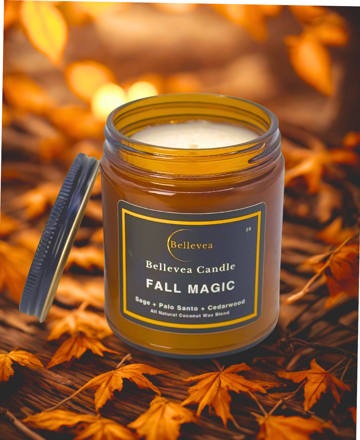 7.5 oz Bellevea Fall Magic Candle, the scents of sage, cedarwood, palo santo, cinnamon, caramel and pumpkin