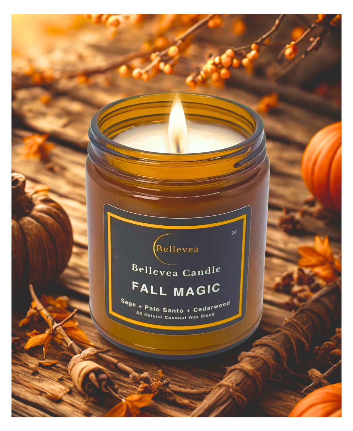 7.5 oz Bellevea Fall Magic Candle, the scents of sage, cedarwood, palo santo, cinnamon, caramel and pumpkin