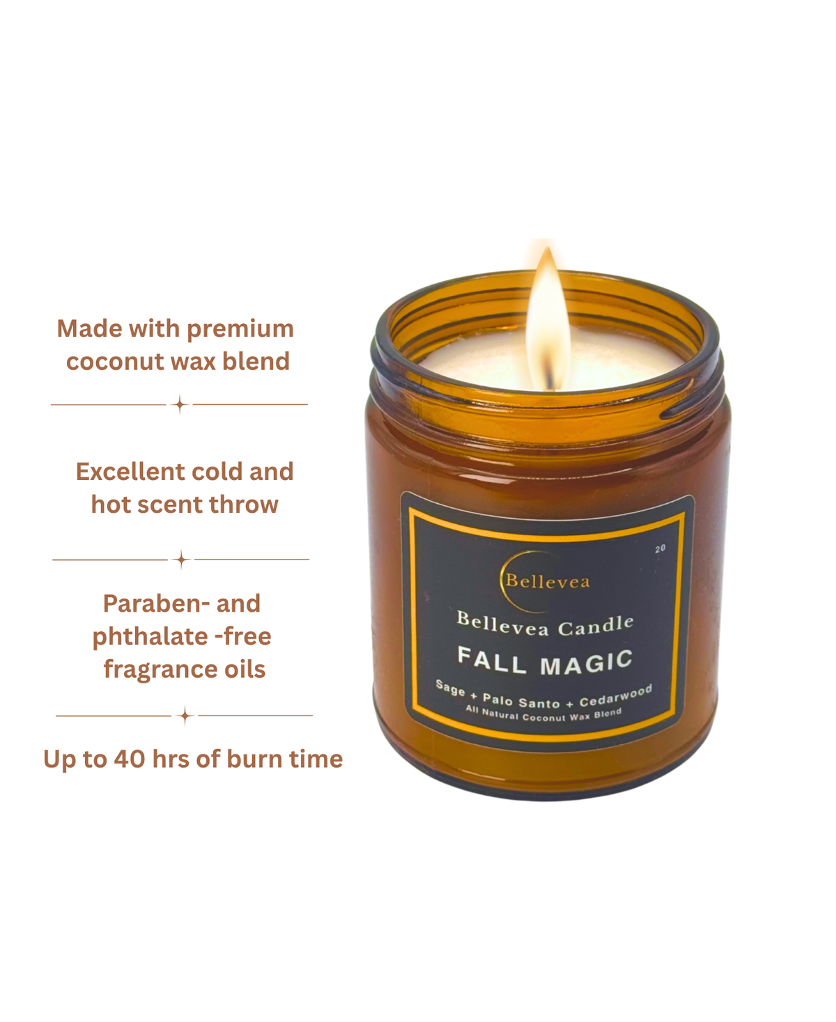 7.5 oz Bellevea Fall Magic Candle, the scents of sage, cedarwood, palo santo, cinnamon, caramel and pumpkin