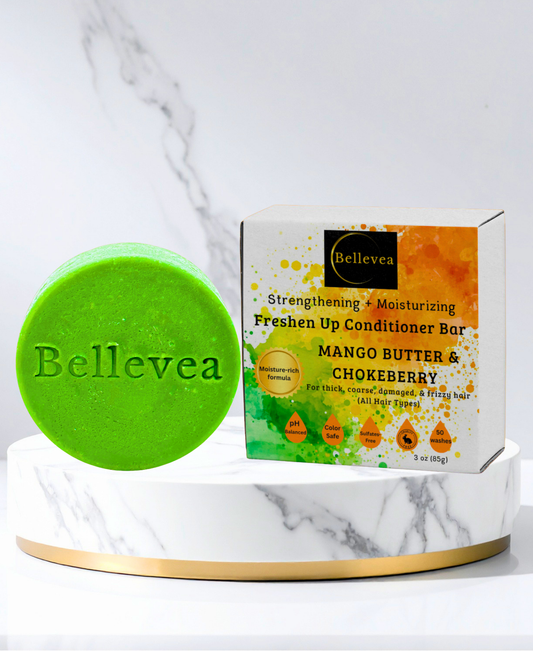 3 oz Bellevea Freshen Up Conditioner Bar with Mango Butter & Chokeberry for Healthier-Looking Hair – Strengthening & Moisturizing for thick, coarse, damaged, & frizzy hair (All Hair Types) in women and men. Scents of lemongrass, orange, & peppermint.