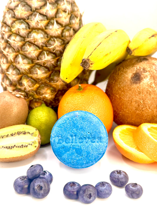 3.2 oz Bellevea Blueberry Breeze Shampoo Bar, the scents of orange, tropical fruits, coconut, mango, and pineapple
