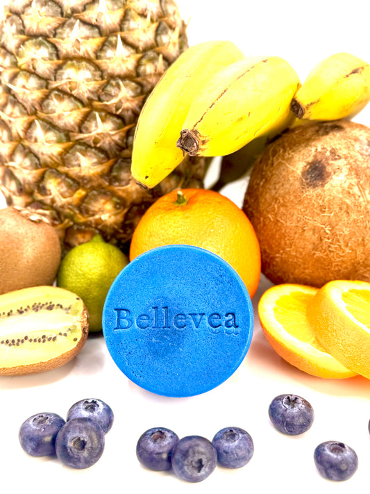 3 oz Bellevea Blueberry Breeze Conditioner Bar, for hair strengthening for women and men. Scents of orange, tropical fruits, coconut, mango, and pineapple.