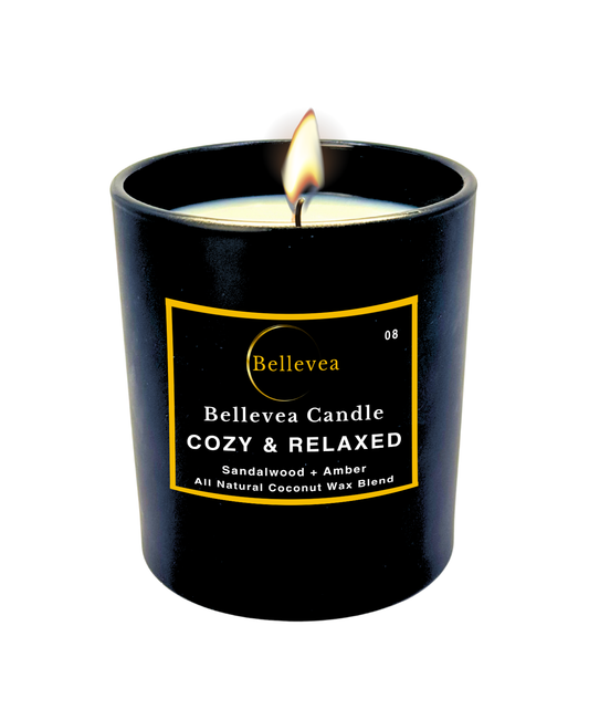 11oz Bellevea Cozy & Relaxed Candle, the scents of amber and sandalwood