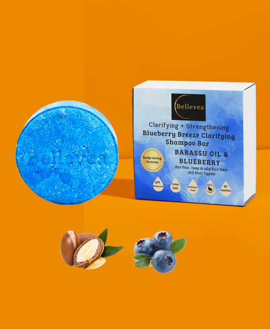 3.2 oz Bellevea Blueberry Breeze Clarifying Shampoo Bar with Babassu Oil & Blueberry - Buildup, detoxing, & scalp balancing shampoo for fine, limp & oily hair (All Hair Types) in women and men. Scents of orange, tropical fruits, coconut, & pineapple