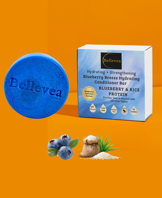 3 oz Bellevea Blueberry Breeze Hydrating Conditioner Bar with Blueberry & Rice Protein for Healthy Hair - Hydrating & Strengthening for fine, limp & oily hair (All Hair Types) in women and men. Scents of orange, tropical fruits, coconut, & pineapple