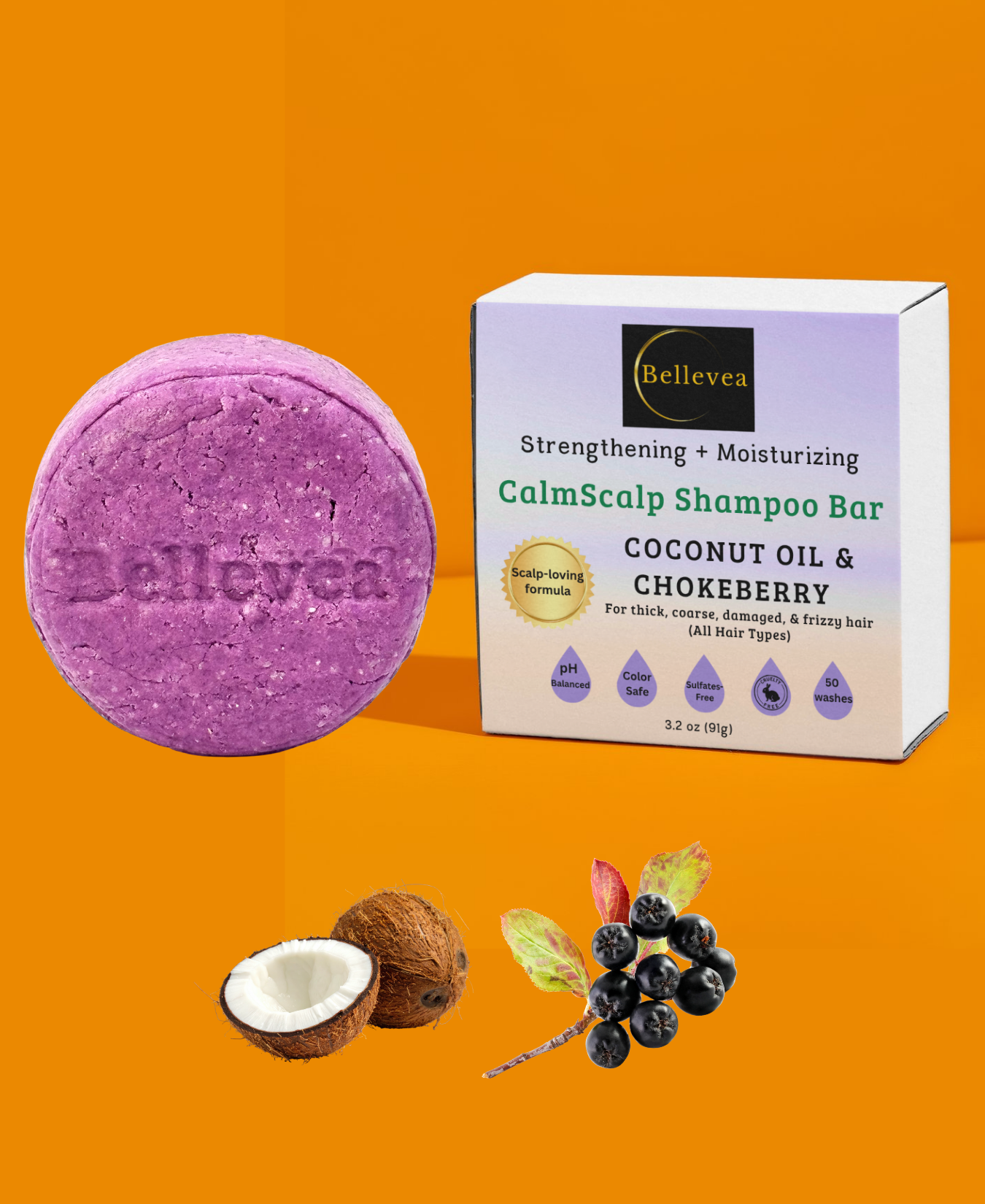 3.2 oz Bellevea CalmScalp Shampoo Bar with Coconut Oil & Chokeberry for Healthy Scalp & Hair – Cleansing, Strengthening, & Moisturizing Shampoo for thick, coarse, damaged, & frizzy hair (All Hair Types) in women and men. Scents of lavender & vanilla.