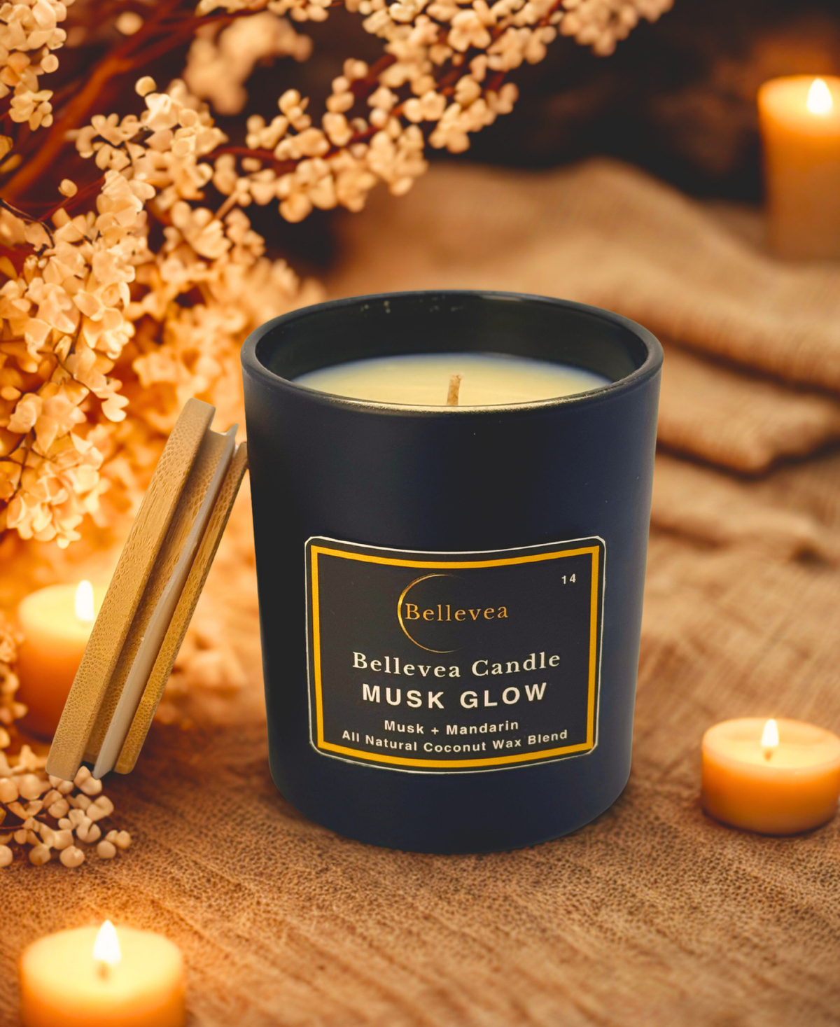 11 oz Bellevea Musk Candle, the scents of musk, orange, sandalwood, and vanilla