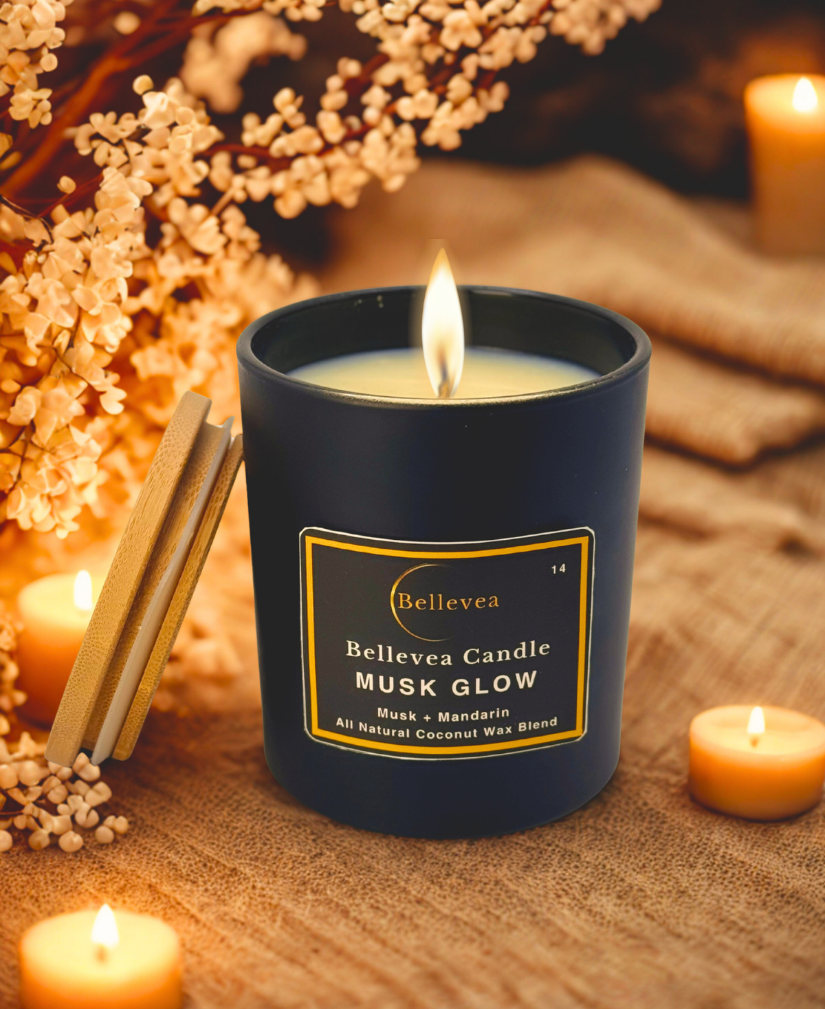 11 oz Bellevea Musk Candle, the scents of musk, orange, sandalwood, and vanilla