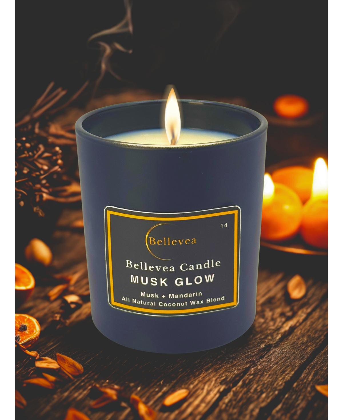 11 oz Bellevea Musk Candle, the scents of musk, orange, sandalwood, and vanilla