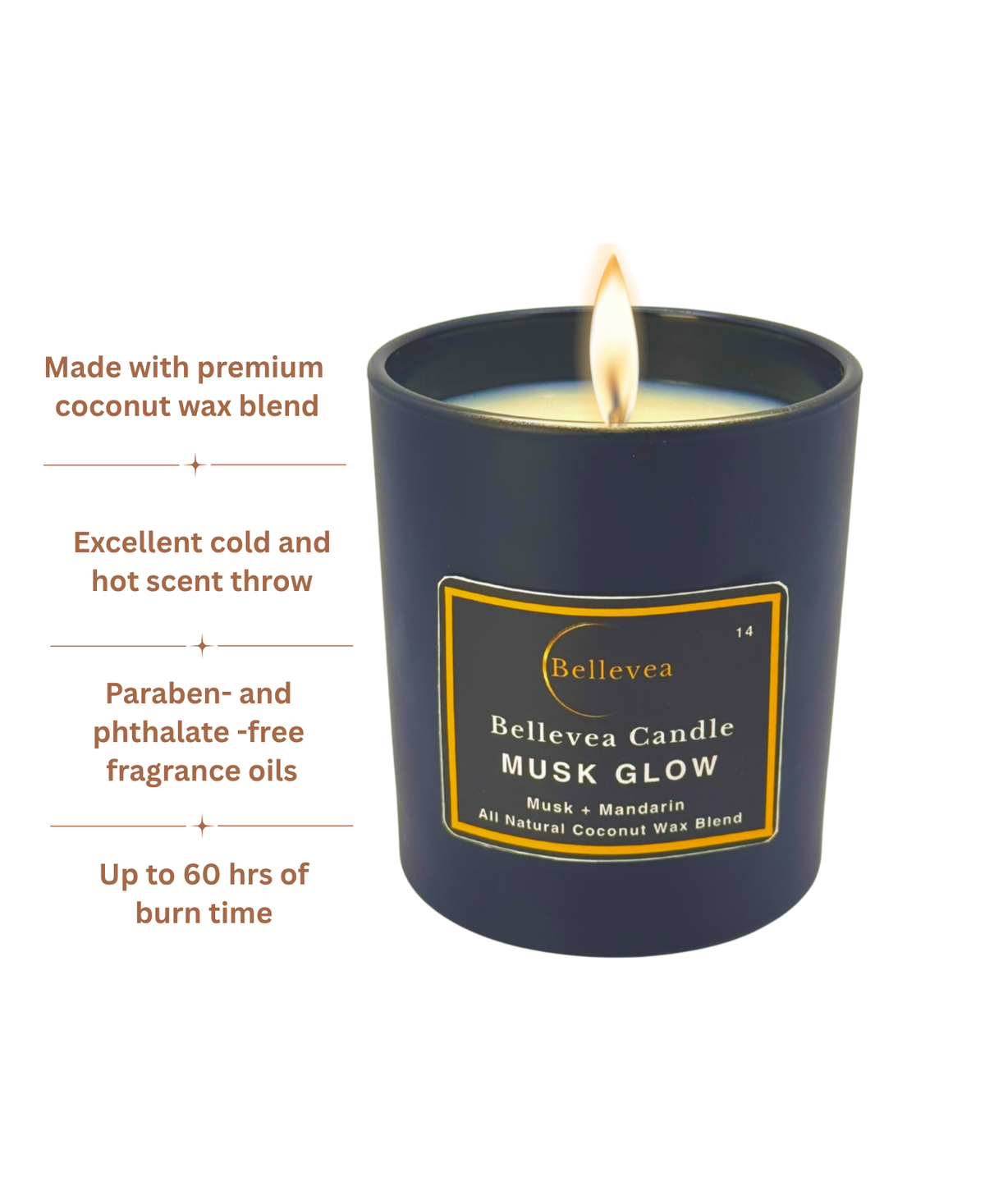 11 oz Bellevea Musk Candle, the scents of musk, orange, sandalwood, and vanilla