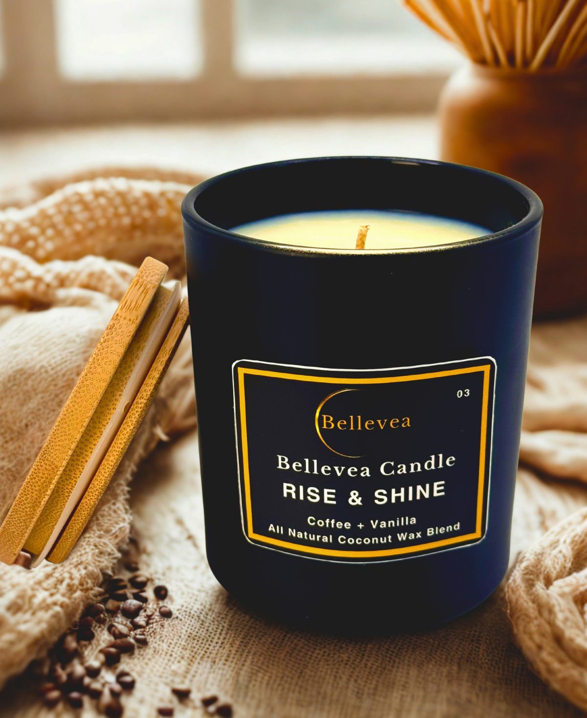11 oz Bellevea Rise & Shine Candle, the scents of coffee and vanilla