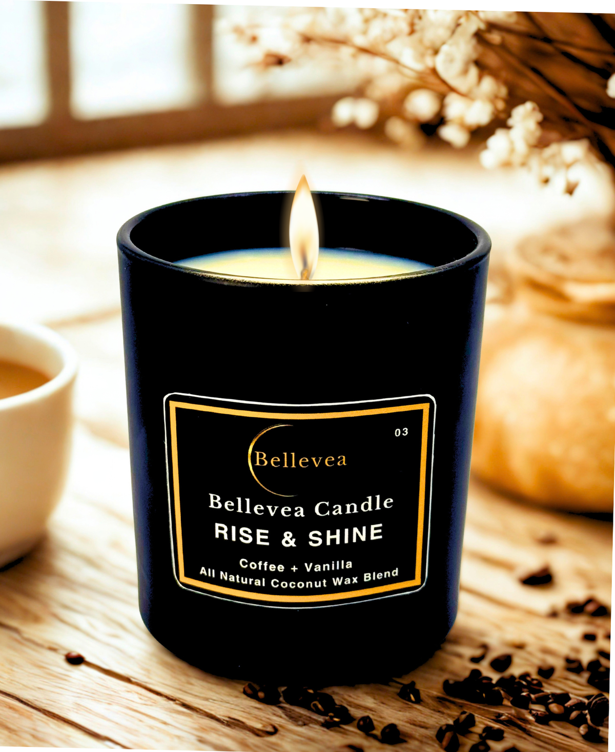 11 oz Bellevea Rise & Shine Candle, the scents of coffee and vanilla