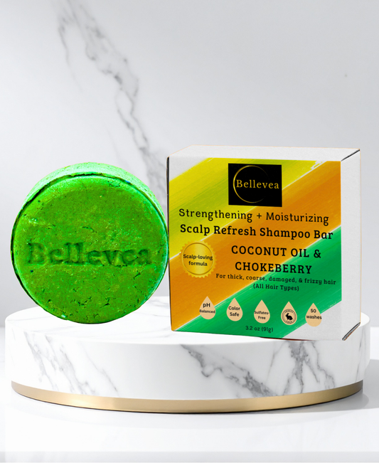 3.2 oz Bellevea Scalp Refresh Shampoo Bar with Coconut Oil & Chokeberry for Healthy Scalp & Hair – Strengthening, & Moisturizing for thick, coarse, damaged, & frizzy hair (All Hair Types) in women & men. Scents of lemongrass, orange, & peppermint