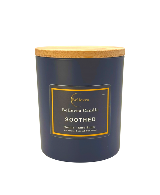 11 oz Bellevea Soothed Candle, the scents of vanilla and shea butter