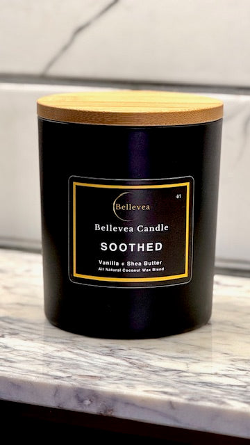 11oz Bellevea Soothed Candle, the scents of vanilla and shea butter