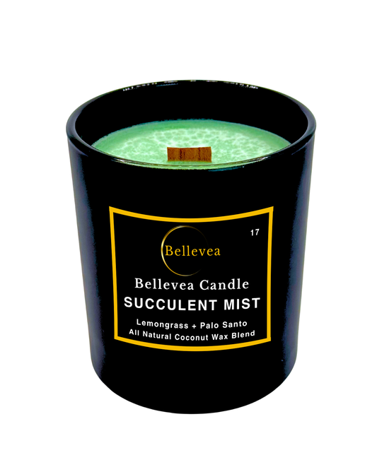 11oz Bellevea Succulent Mist Candle, the scents of lavender, lemongrass, sage, orange, patchouli and vanilla