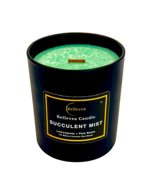 11oz Bellevea Succulent Mist Candle, the scents of lavender, lemongrass, sage, orange, patchouli and vanilla