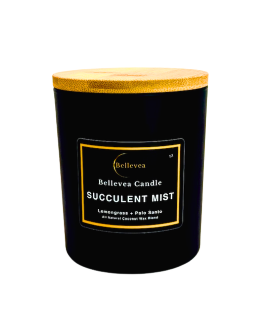 11oz Bellevea Succulent Mist Candle, the scents of lavender, lemongrass, sage, orange, patchouli and vanilla
