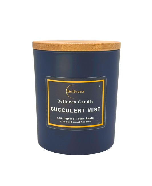 11 oz Bellevea Succulent Mist Candle, the scents of lavender, lemongrass, sage, orange, patchouli and vanilla