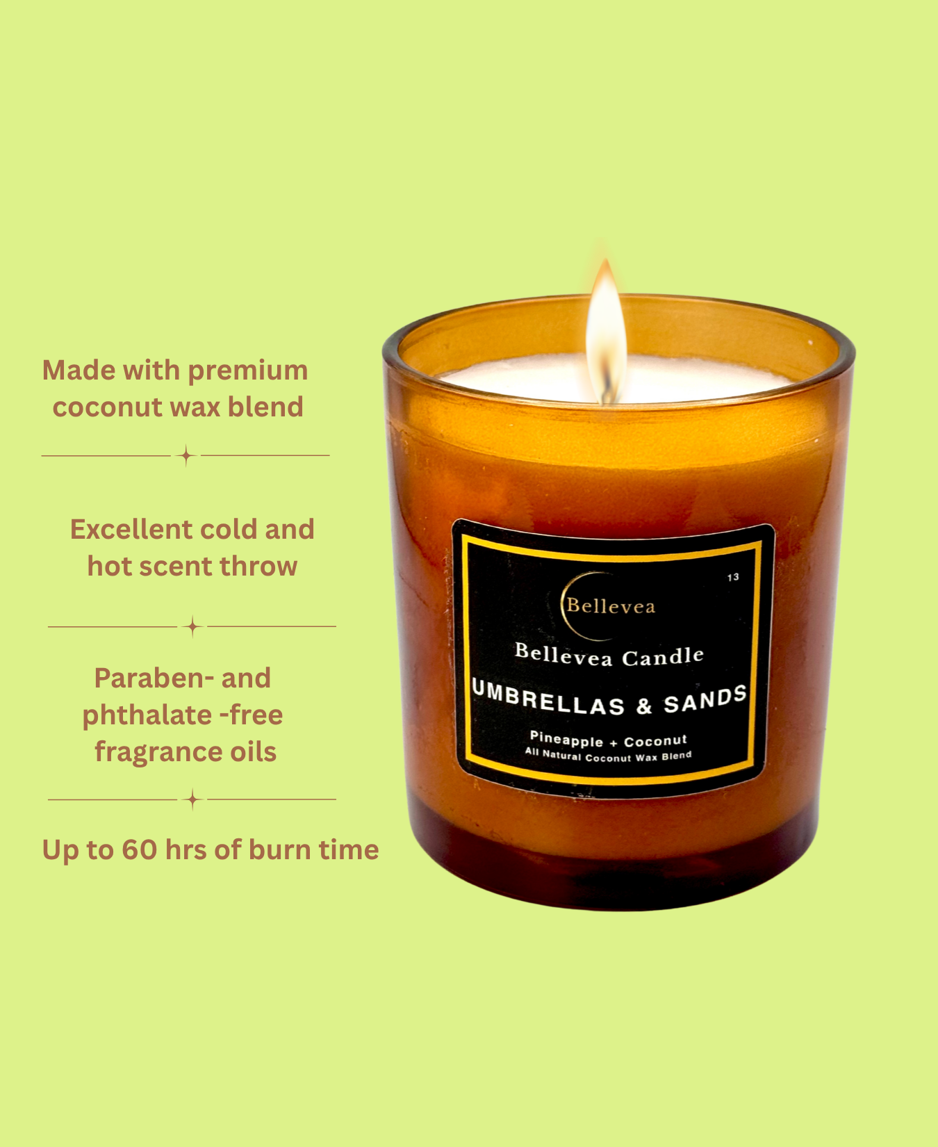 11 oz Bellevea Umbrella and Sands, the scents of pineapple and coconut.