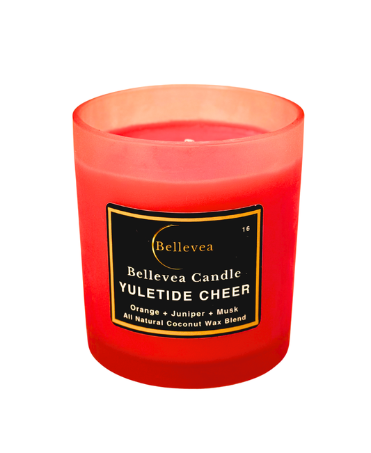 11oz Bellevea Yuletide Cheer Candle, the scents of citrus, cinnamon, amber, clove, nutmeg, vanilla, juniper and musk